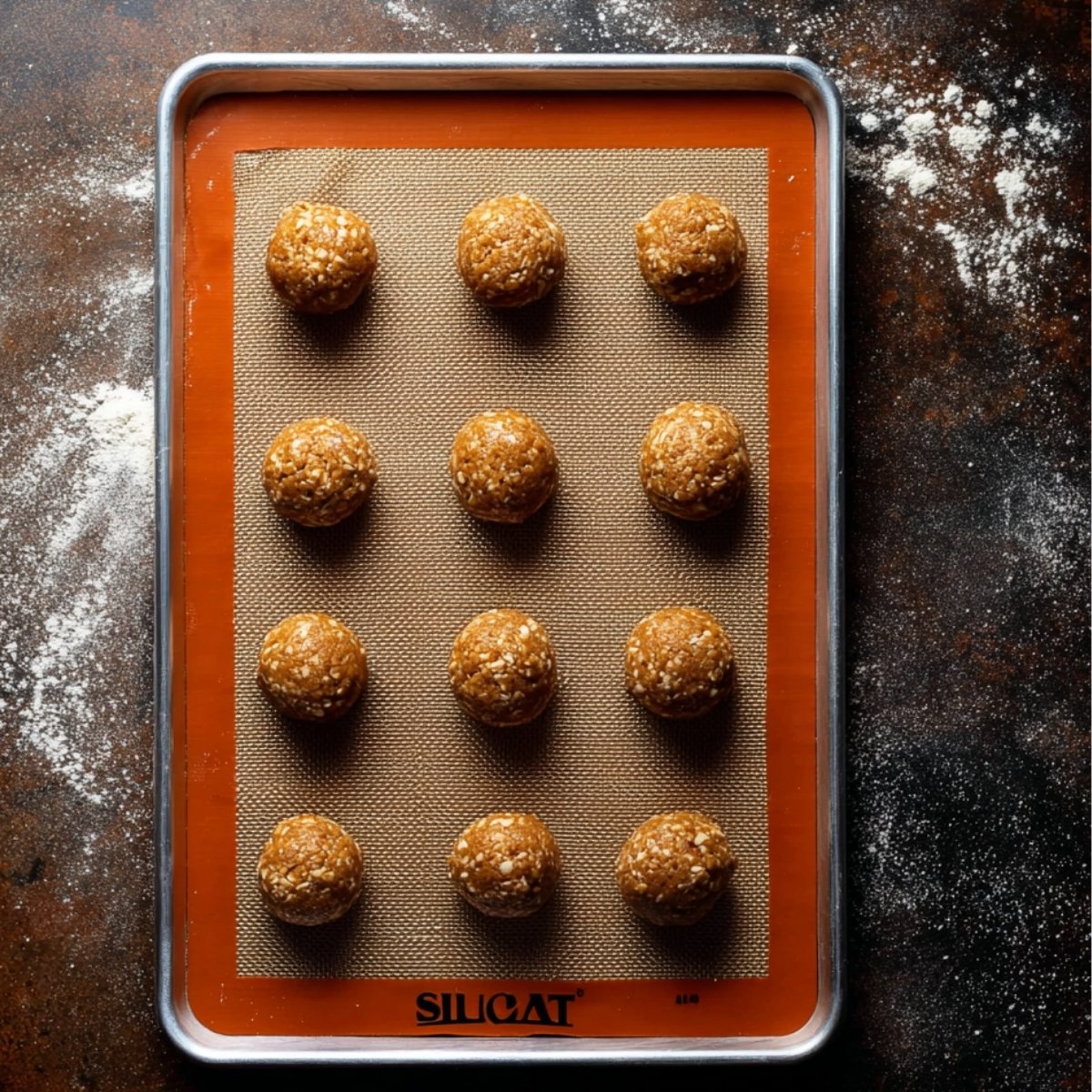 Gingerbread oatmeal cookie dough balls arranged on a silicone baking mat on a baking sheet.