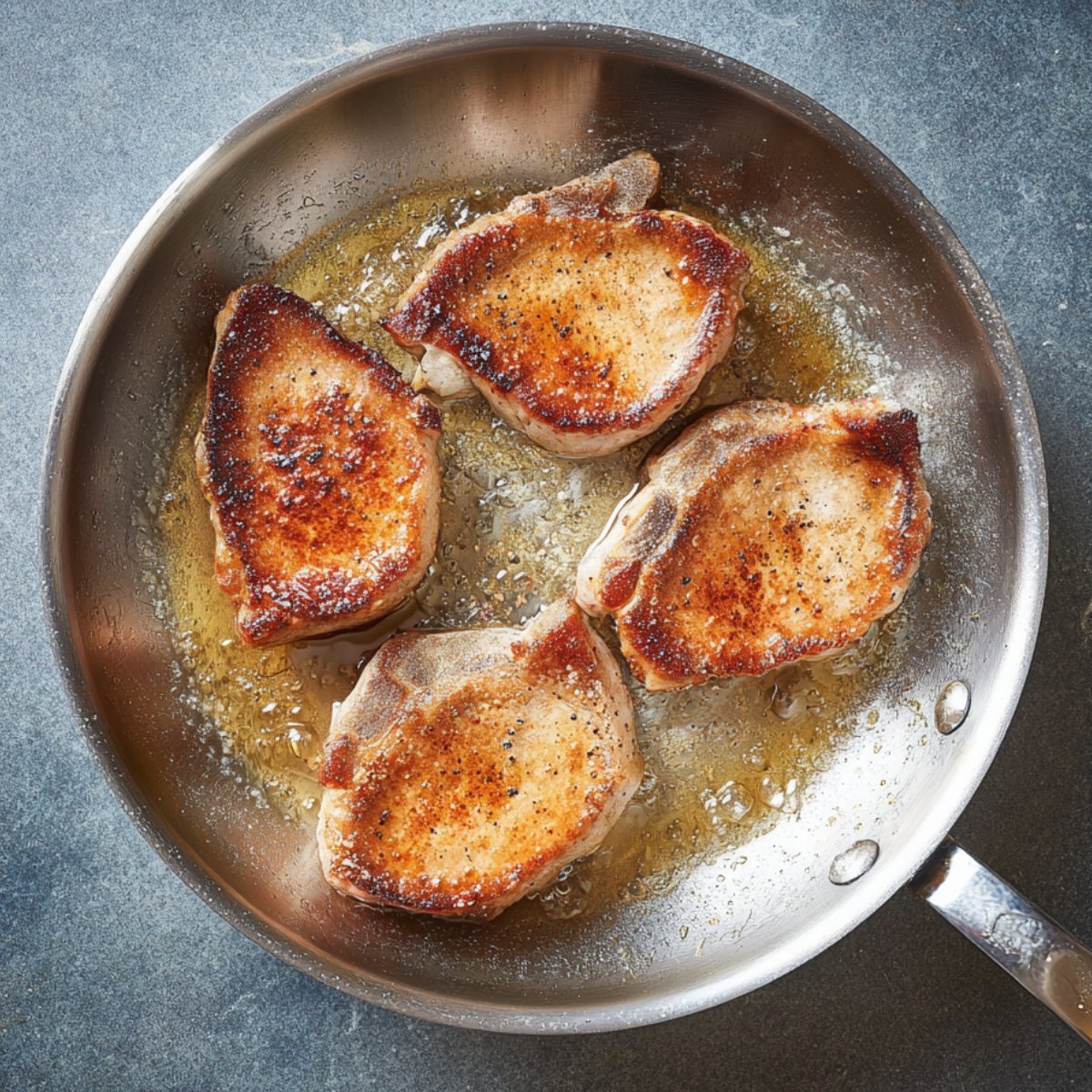 Overhead view of four pork chops searing in a stainless steel skillet with a golden brown crust