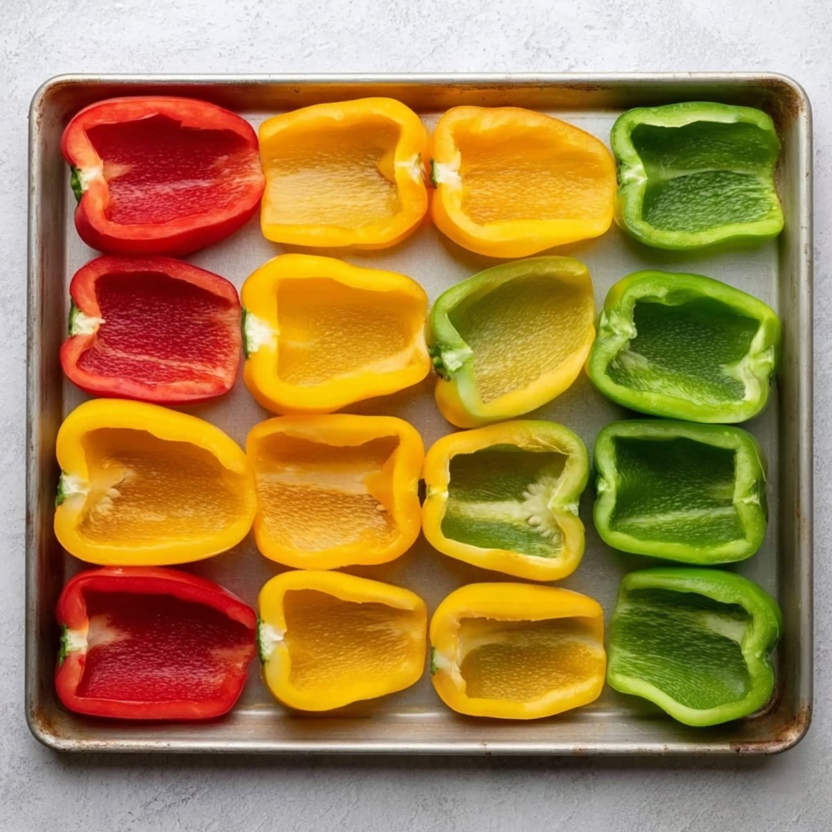 Colorful bell pepper halves in red, yellow, and green, arranged neatly on a baking sheet, ready to be stuffed.