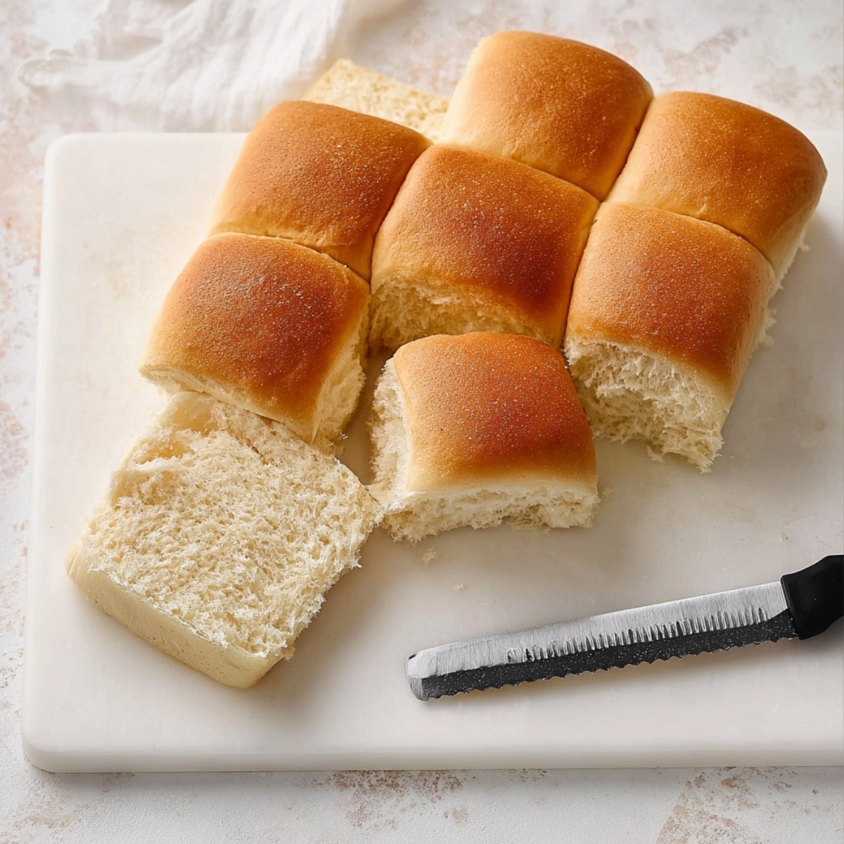 Sliced slider rolls with a serrated knife resting beside them on a cutting board.