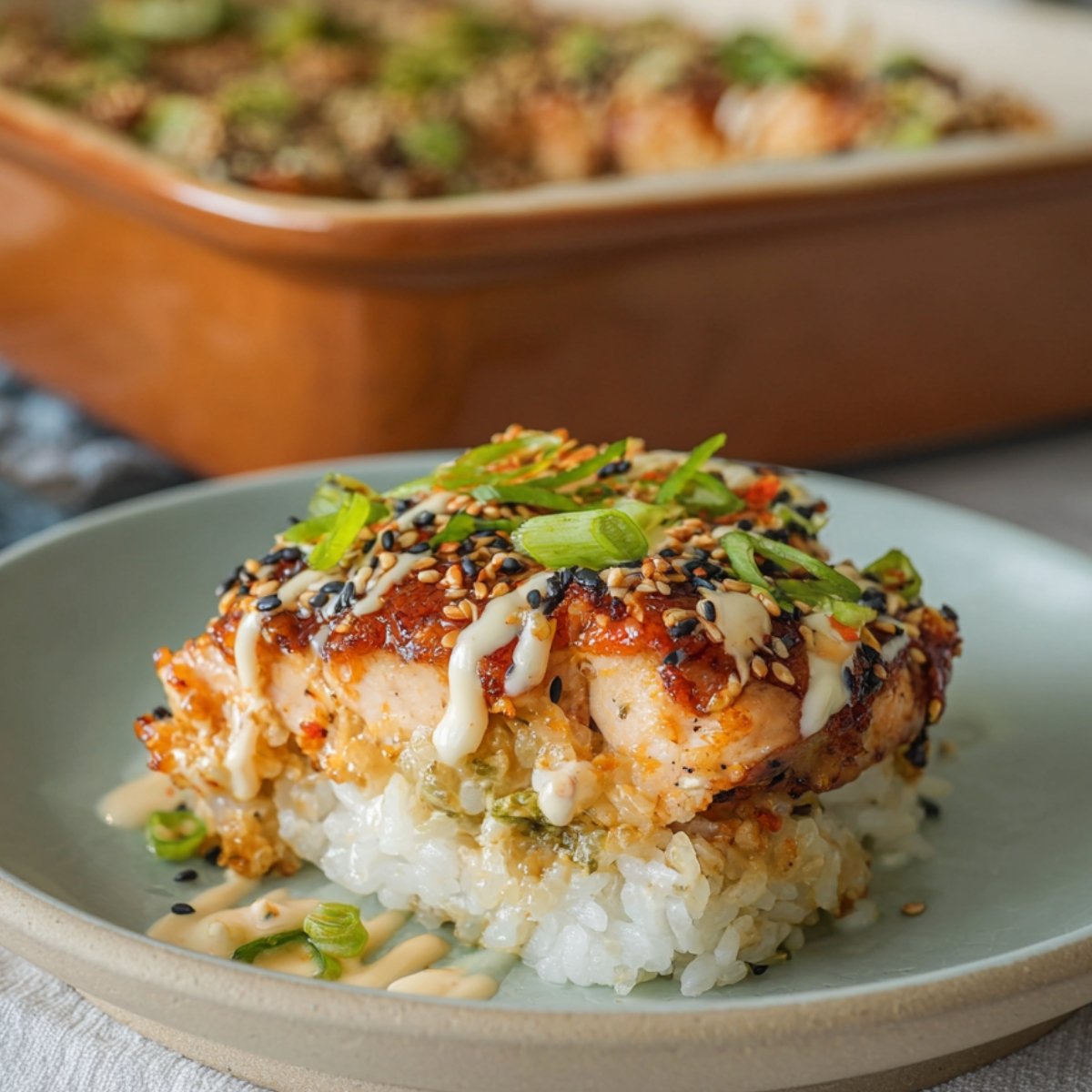 A close-up of Spicy Salmon Sushi Bake on a plate, topped with sesame seeds, green onions, and creamy sauce, with a baking dish in the background.