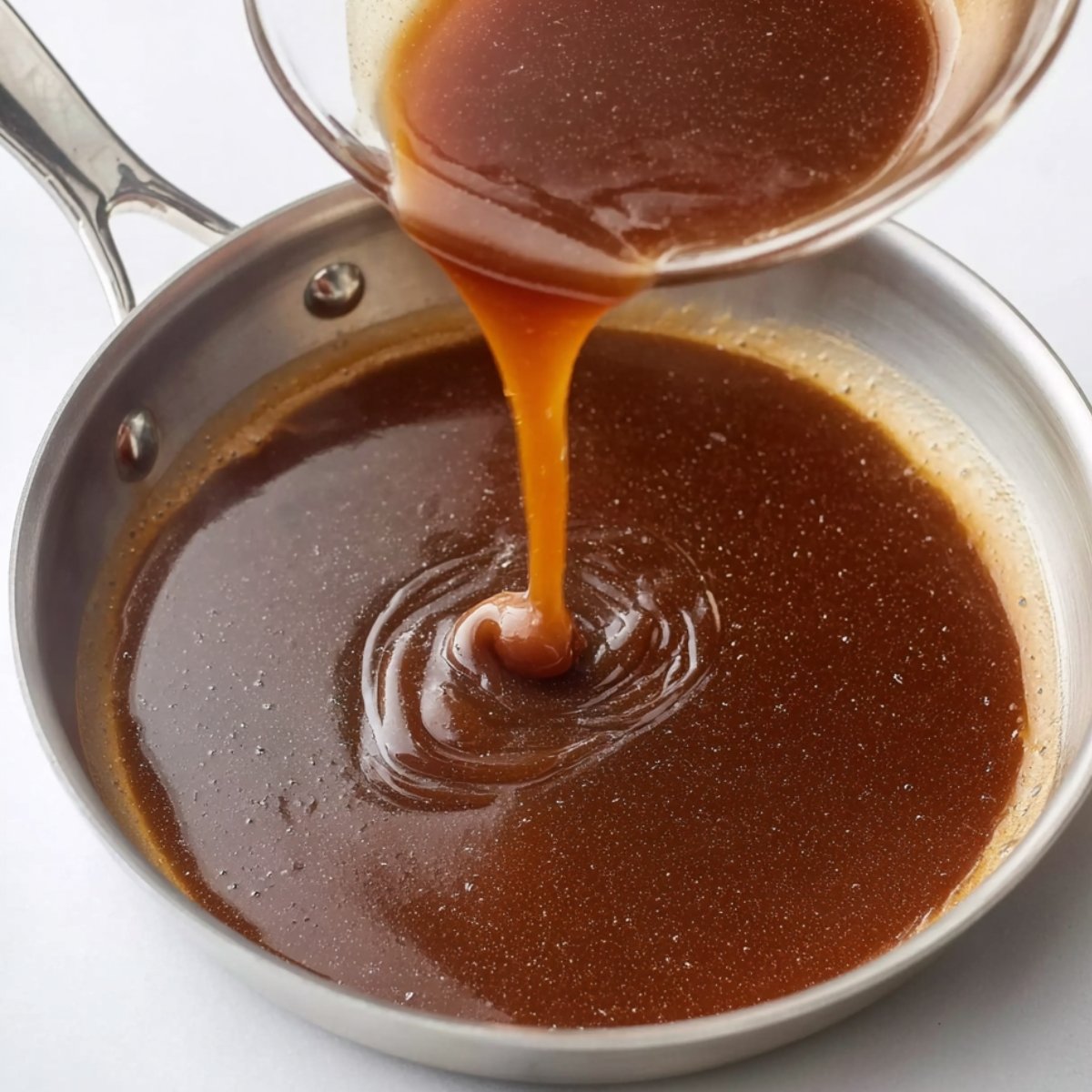 Honey garlic sauce being poured into a stainless steel pan, creating a glossy swirl as it begins to heat and thicken for a shrimp and broccoli stir fry.