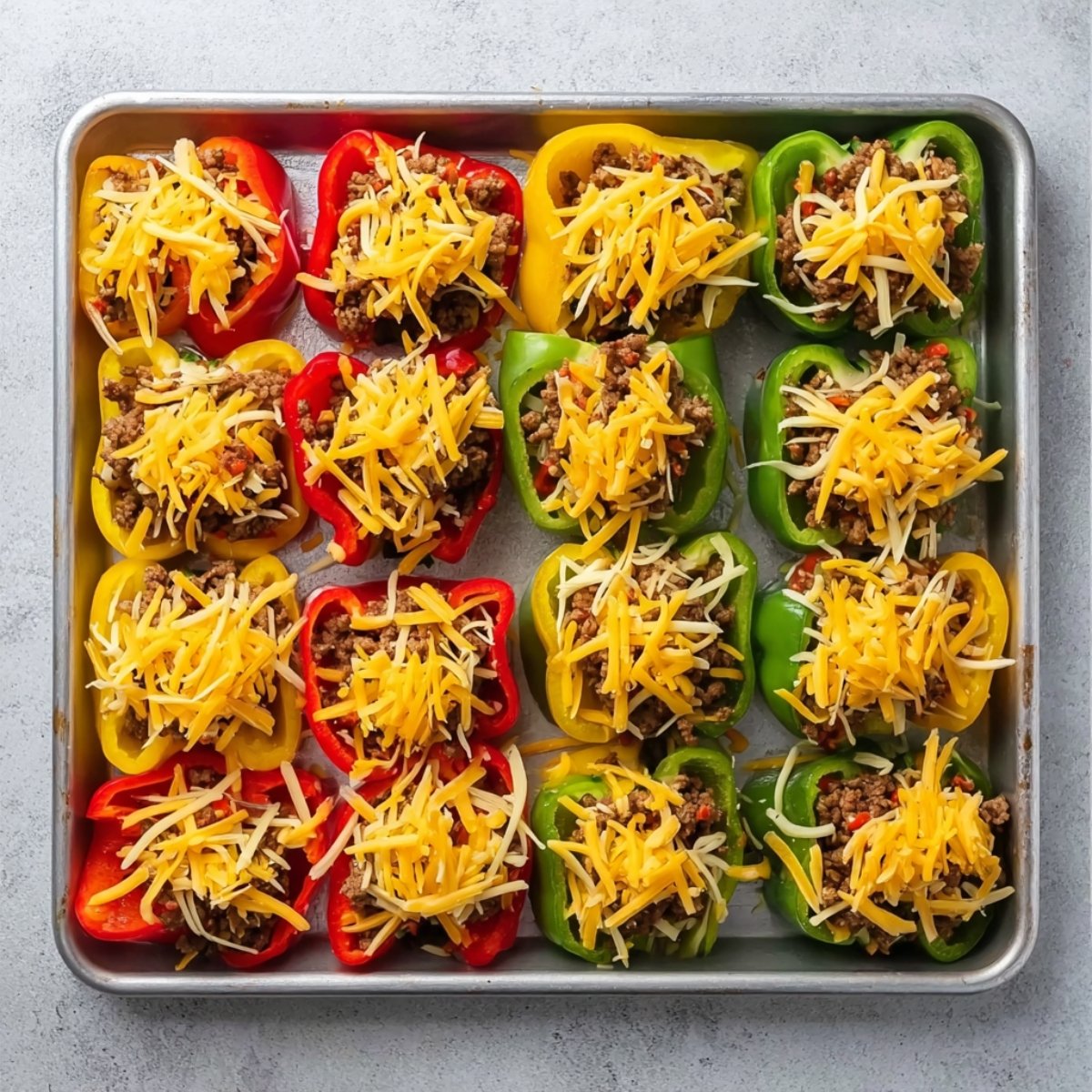 Close-up of a baking sheet filled with colorful bell pepper halves stuffed with seasoned ground beef, black beans, and cheese, ready to be baked.