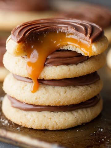 A tray of Twix Cookie Recipe with a visible bite taken from the top, revealing layers of caramel and chocolate with the cookie's soft interior.