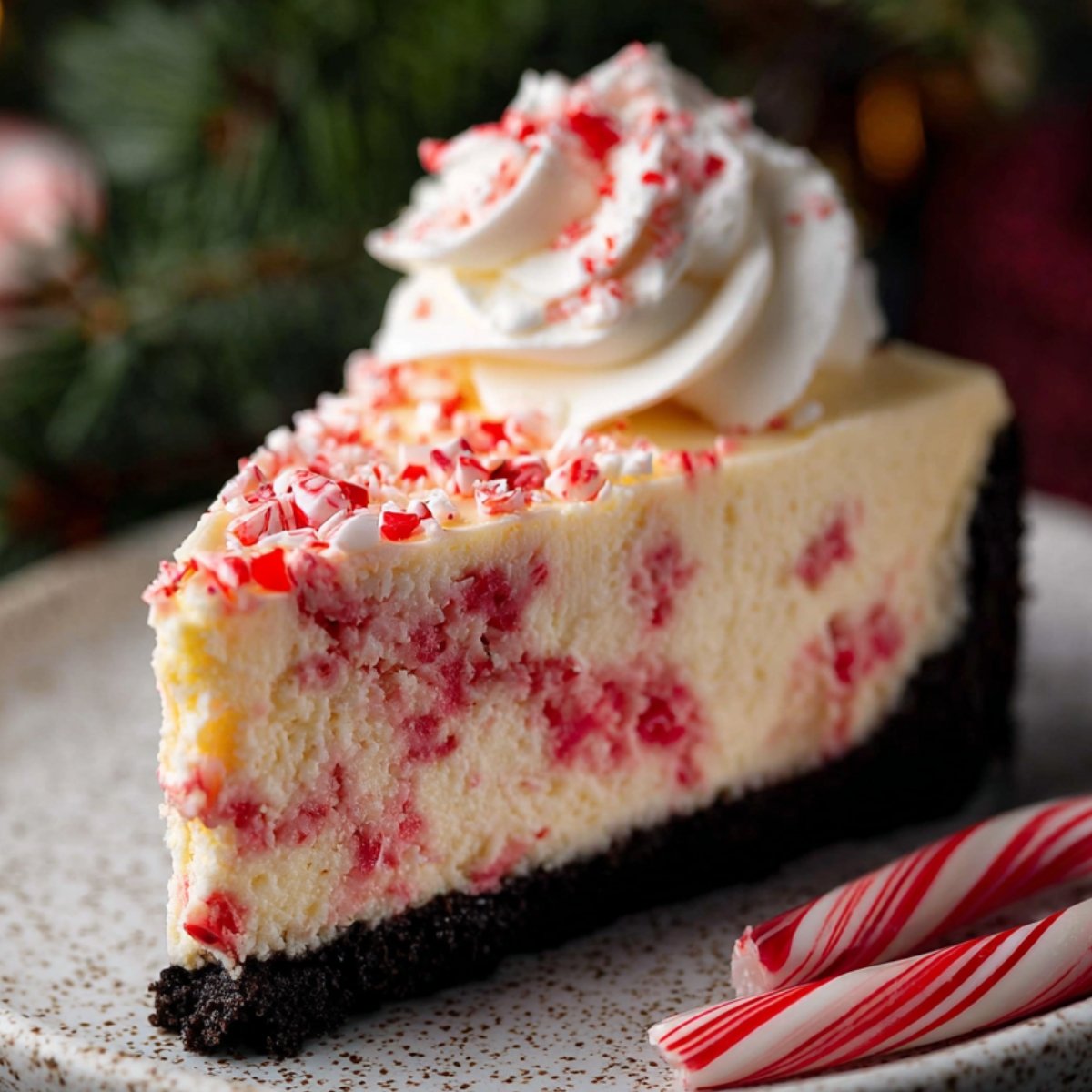 Close-up of a White Chocolate Peppermint Cheesecake slice with a whipped cream swirl and crushed peppermint on top.