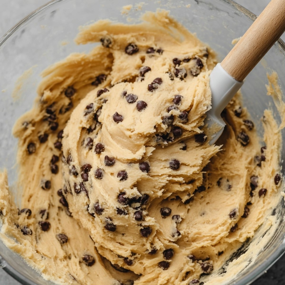 Mixing the dry ingredients into the cookie dough, creating a smooth, thick batter with visible chocolate chips.