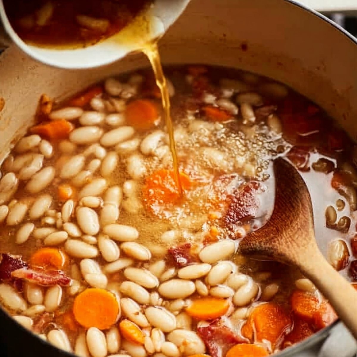 Pouring vegetable or chicken stock into a pot of white beans, carrots, and crispy bacon bits, creating the flavorful broth for the soup.