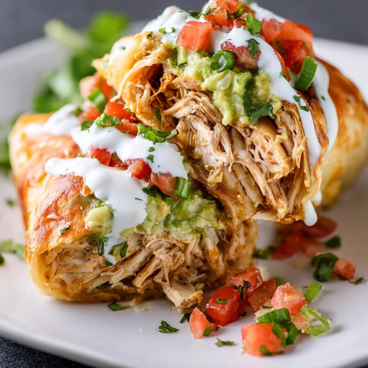 Baked Chicken Chimichangas, with shredded chicken filling and topped with sour cream, guacamole, and fresh diced tomatoes.