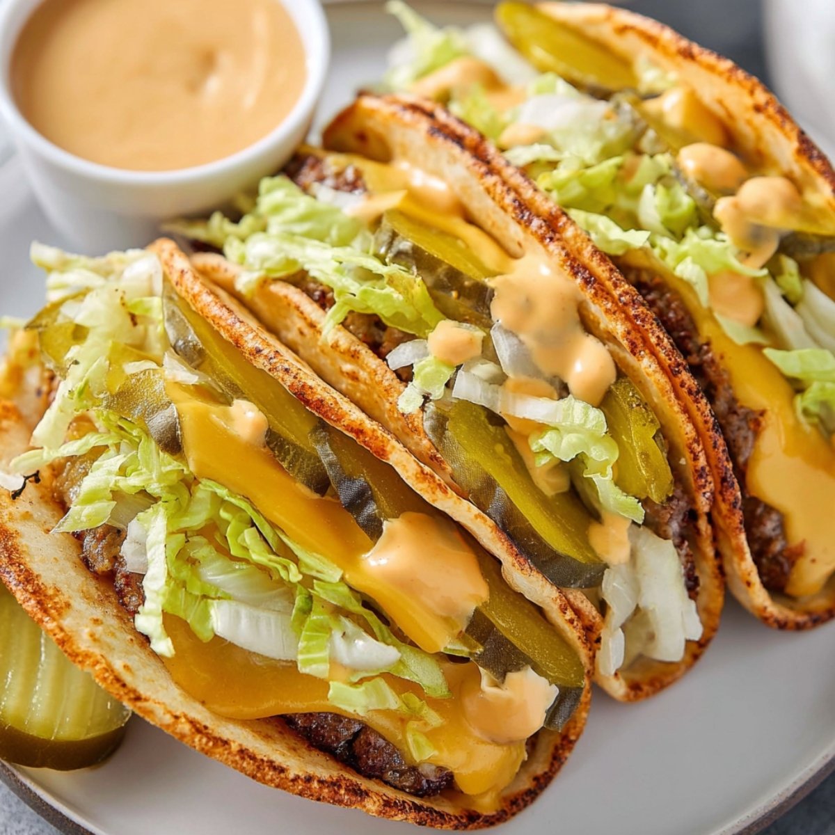 Big Mac Smash burger Tacos with pickles, lettuce, and melted cheese inside soft taco shells with drizzle of special sauce.