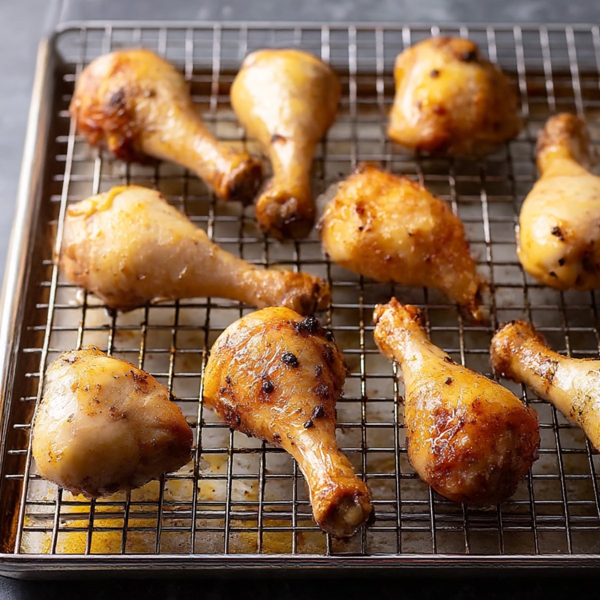 Broiled chicken drumsticks resting on a wire rack, golden and crispy after cooking.