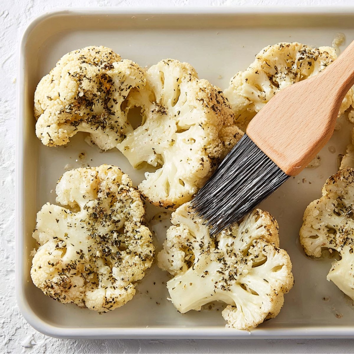 Cauliflower florets are brushed with a mixture of herbs and olive oil, preparing them for roasting to a crispy, golden perfection.