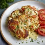 A plate of golden-brown Cauliflower Parmesan topped with melted cheese, fresh herbs, and tomato slices, creating a flavorful and satisfying dish.