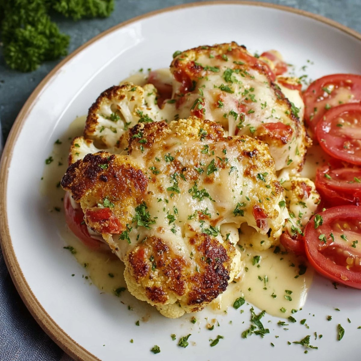A plate of golden-brown Cauliflower Parmesan topped with melted cheese, fresh herbs, and tomato slices, creating a flavorful and satisfying dish.