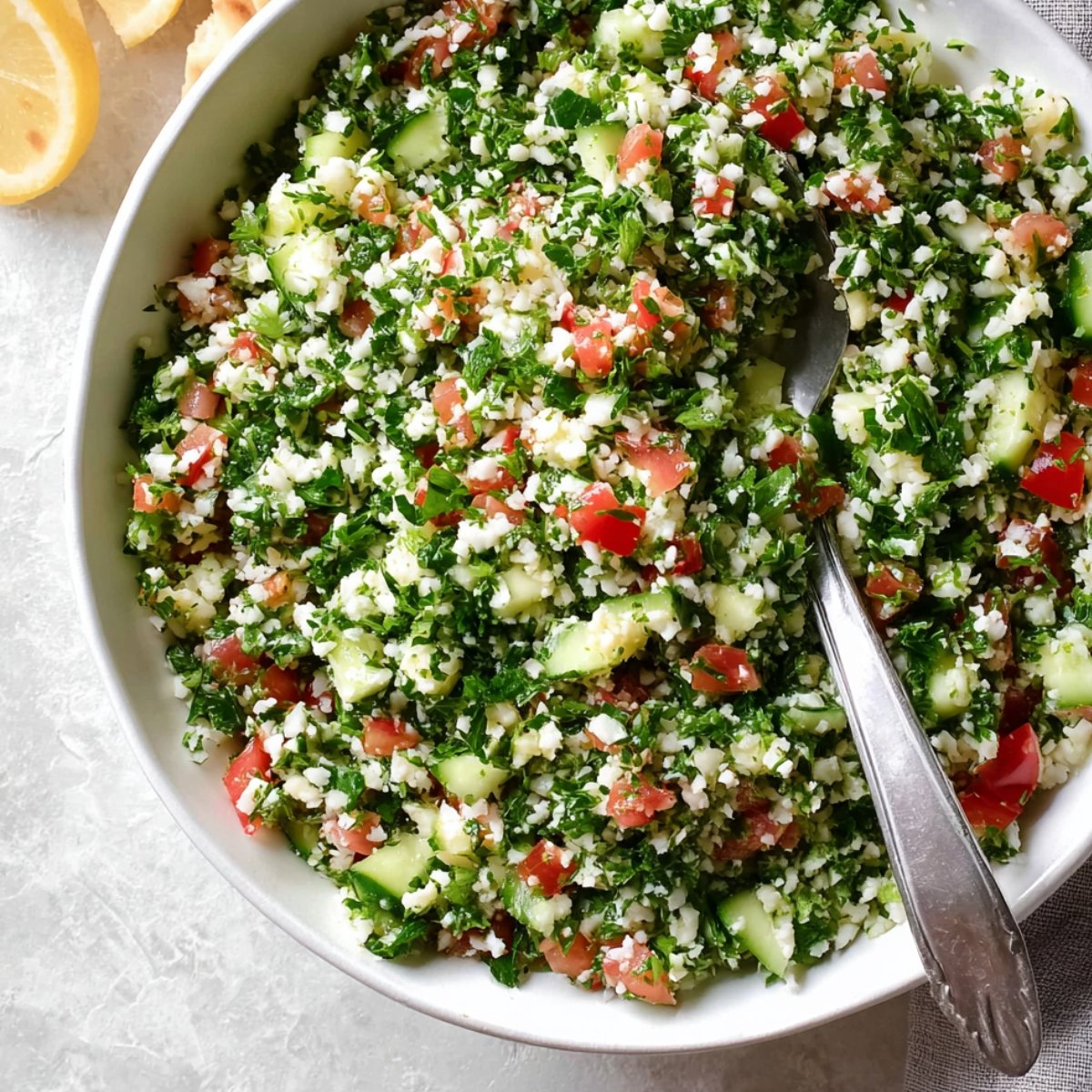 The final mixed Cauliflower Tabbouleh, with a blend of cauliflower rice, tomatoes, cucumbers, green onions, and parsley, ready to be served.