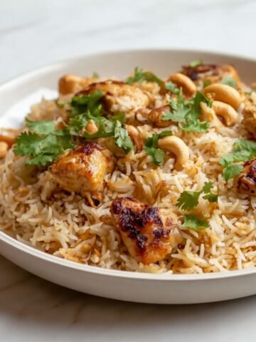 A plate of delicious Chicken Pulao, garnished with fresh cilantro, served with a side of cucumber slices and yogurt.