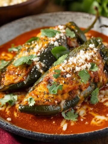 Two delicious Chile Relleno served with tomato sauce, garnished with cilantro and cheese.