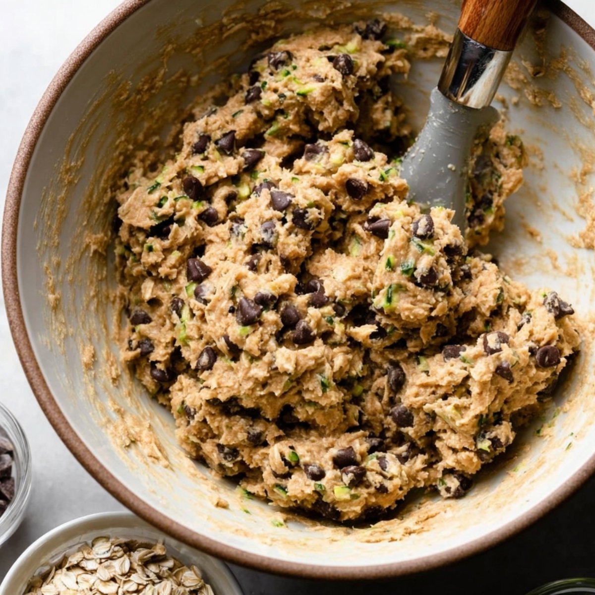 The cookie dough is fully mixed, with zucchini and chocolate chips well incorporated into the oats, ready to be scooped and baked into cookies.
