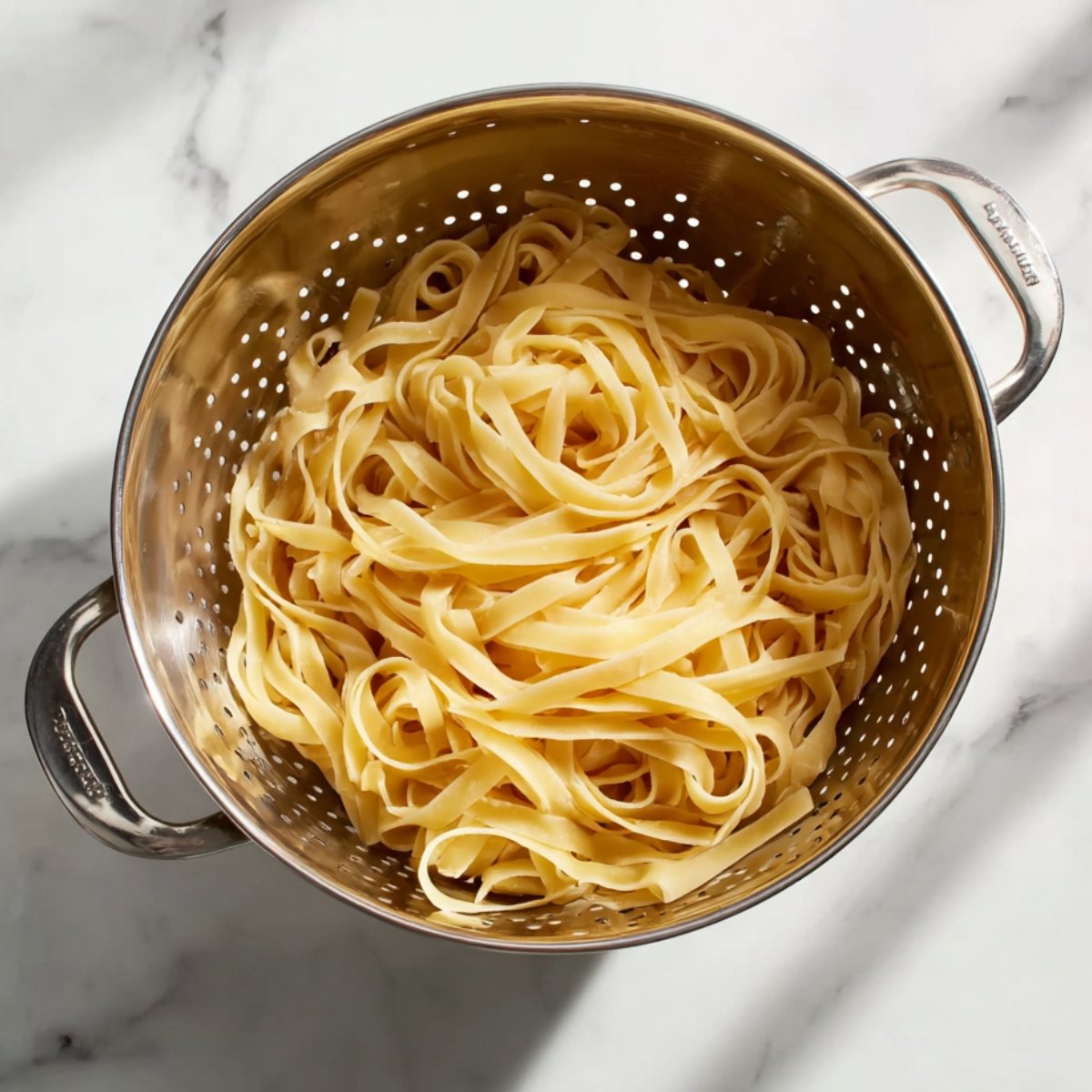 A colander holds freshly cooked fettuccine pasta, showing perfectly separated noodles. The pasta is ready to be combined with a sauce.