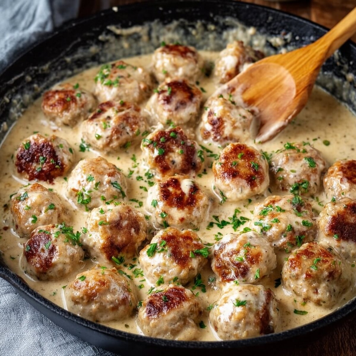 Chicken Meatballs in Cream Sauce in a pan with a wooden spoon stirring them