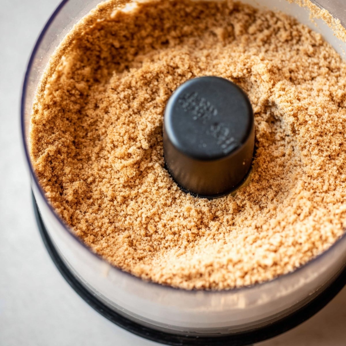 A food processor containing finely ground graham crackers, ready to be used for making a crust for a Banoffee pie.