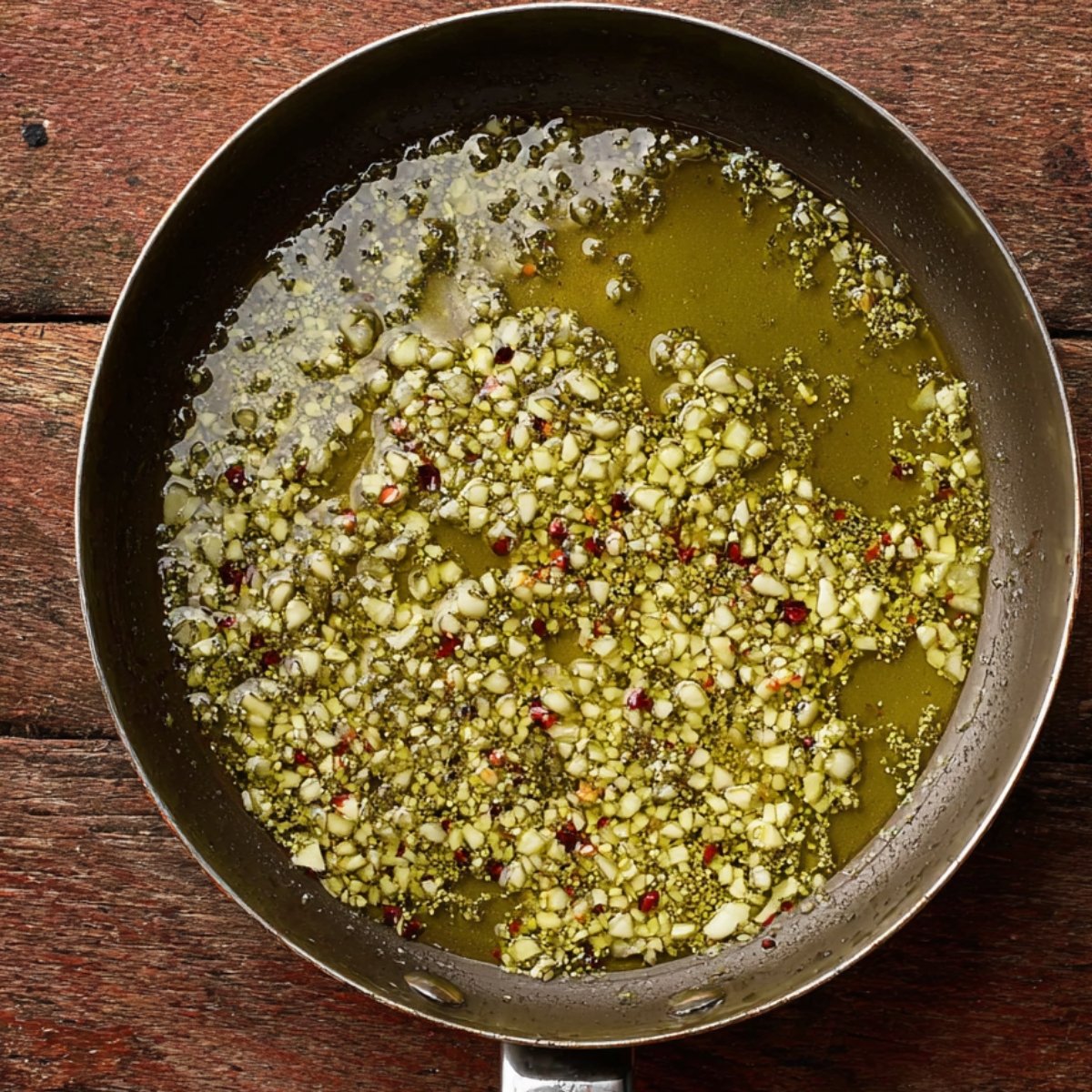 Chopped garlic, red pepper flakes, and spices sizzling in hot olive oil, creating a fragrant base.