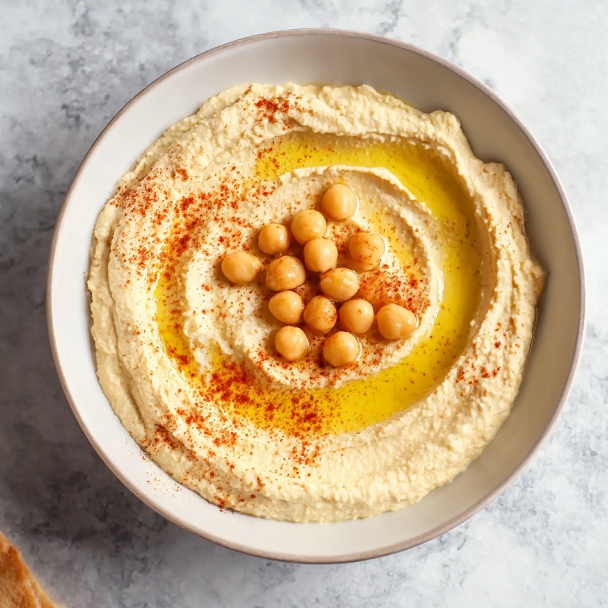 Freshly made Homemade Hummus served in a bowl, garnished with chickpeas, a drizzle of olive oil, and a sprinkle of paprika.