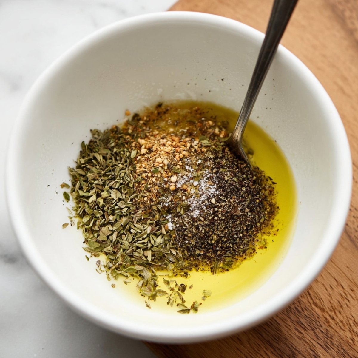 A bowl of olive oil mixed with dried oregano, garlic powder, black pepper, and salt, ready to be used as a flavorful marinade or dressing.