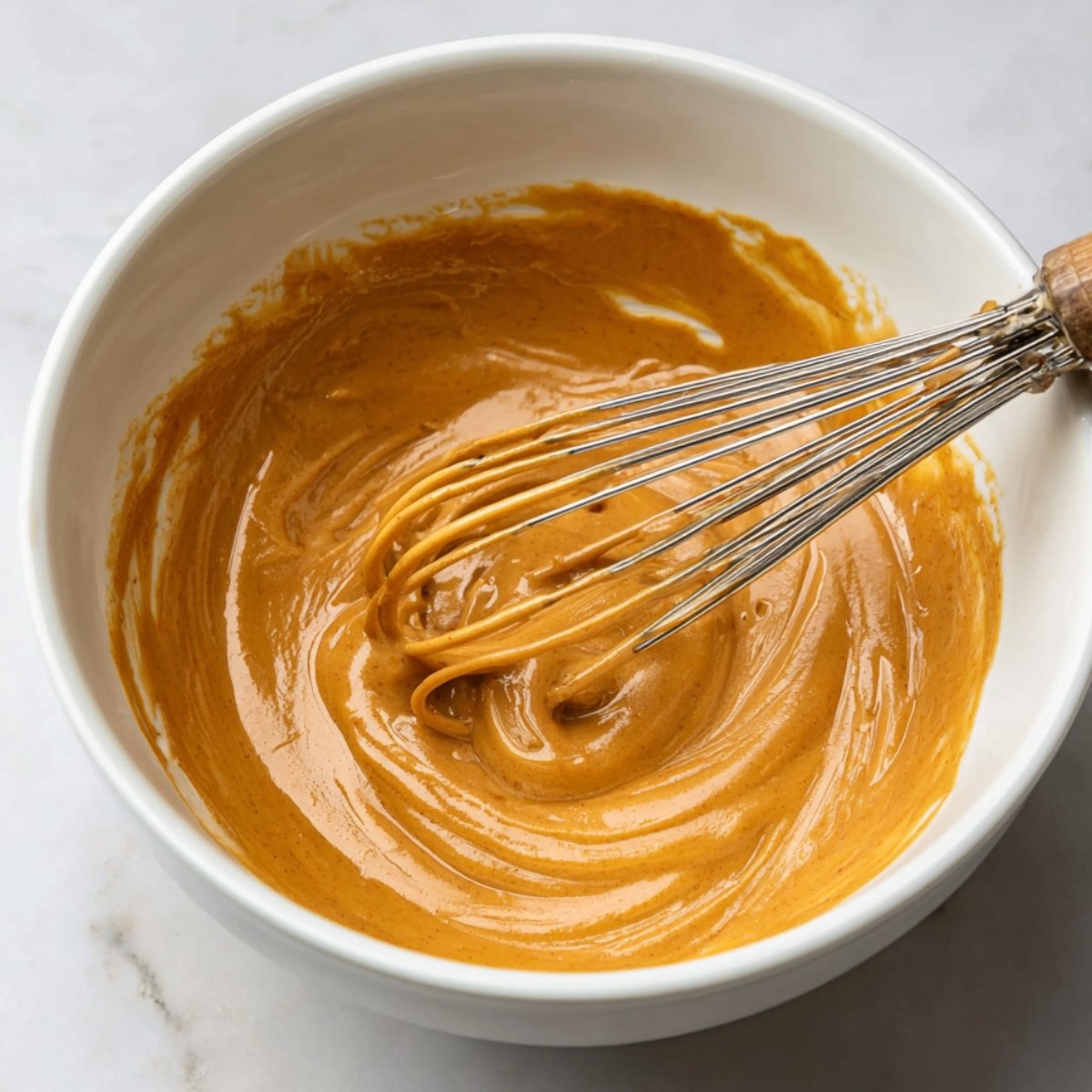 Smooth and creamy peanut butter sauce in a white bowl, whisked to a perfect consistency, ready to coat noodles.