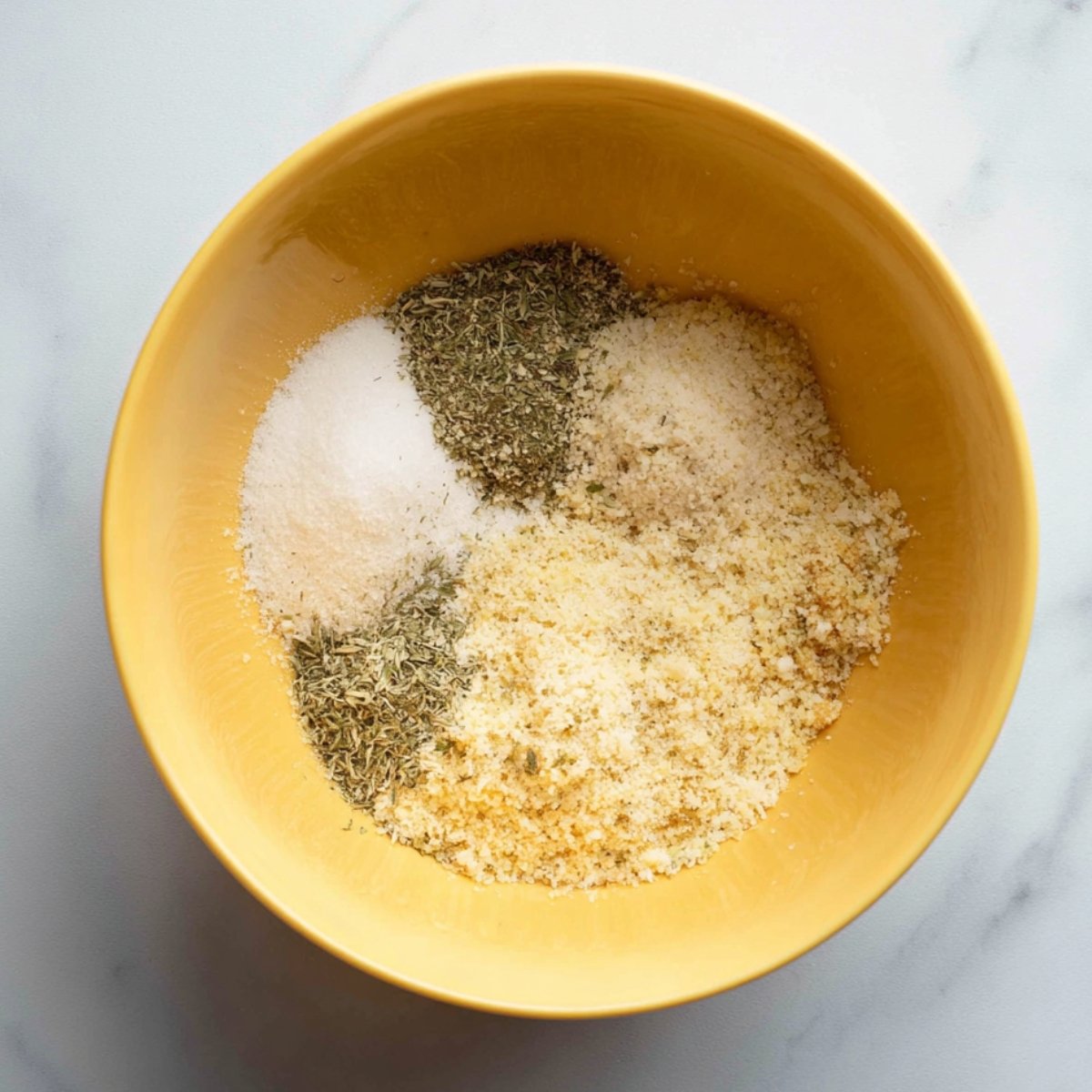 Breadcrumb mixture and seasonings in a yellow bowl