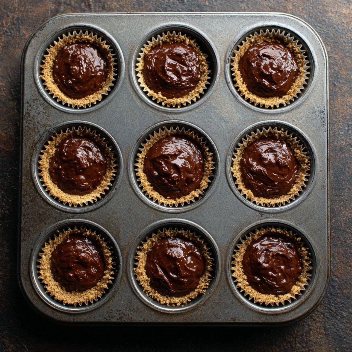 Graham cracker crusts topped with rich chocolate brownie batter in cupcake liners, ready to be baked into s'mores brownie cupcakes.