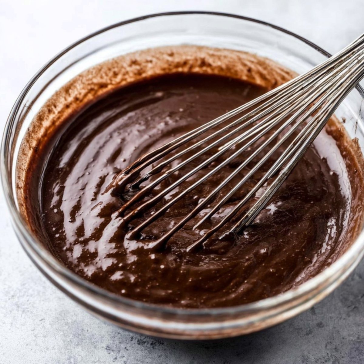 Chocolate cupcake batter being whisked in a glass bowl.