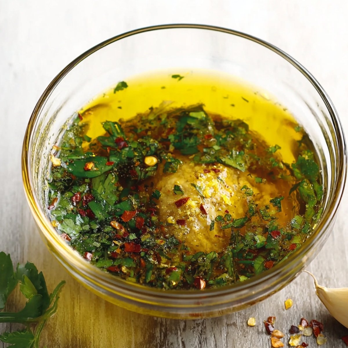 A bowl of herb-infused olive oil marinade with red chili flakes and fresh parsley, ready for mixing.