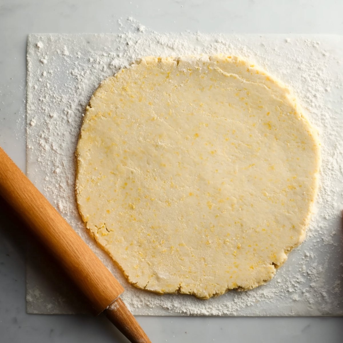 Rolled-out lemon shortbread dough on a floured surface, ready to be cut into shapes for baking.