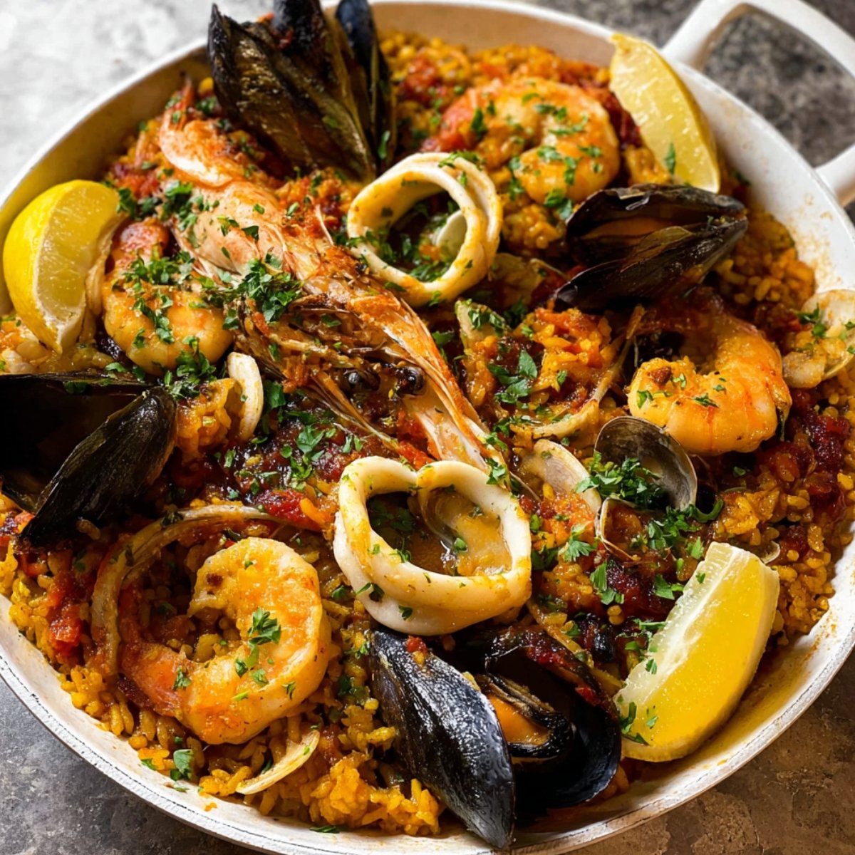 A vibrant Spanish Paella with shrimp, squid, and mussels garnished with parsley and lemon wedges, showcasing Spanish flavors.