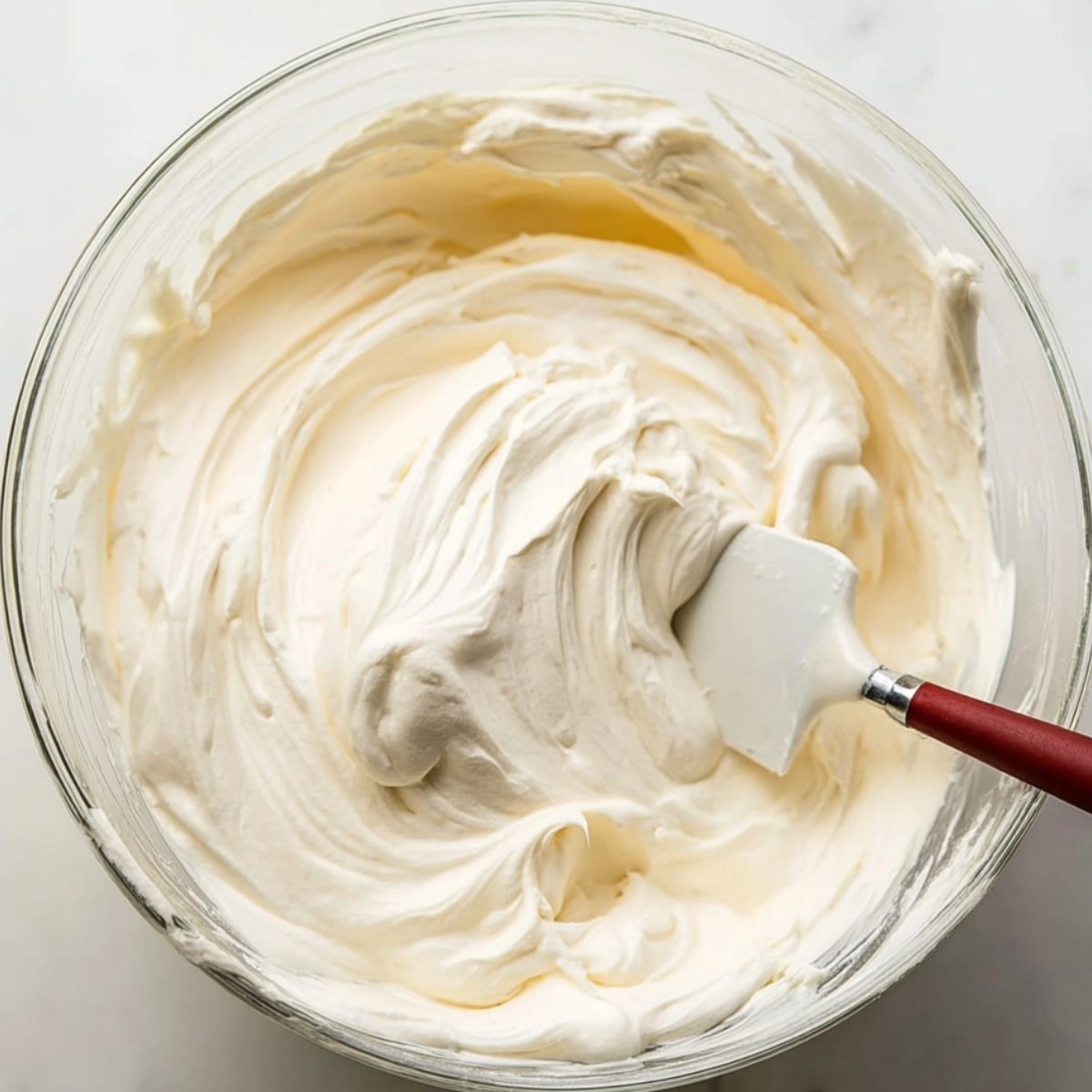 A bowl of fluffy, whipped cream with a spatula inside, showing a smooth and creamy texture.