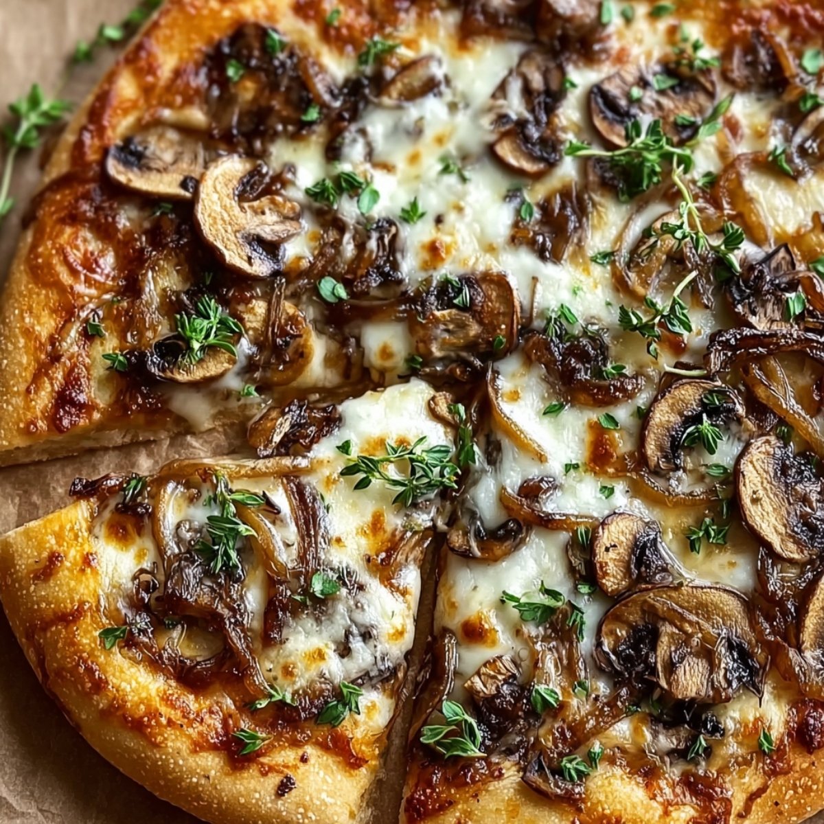 A delicious White Mushroom Pizza topped with caramelized onions, mozzarella cheese, and fresh thyme, with a slice pulled out.
