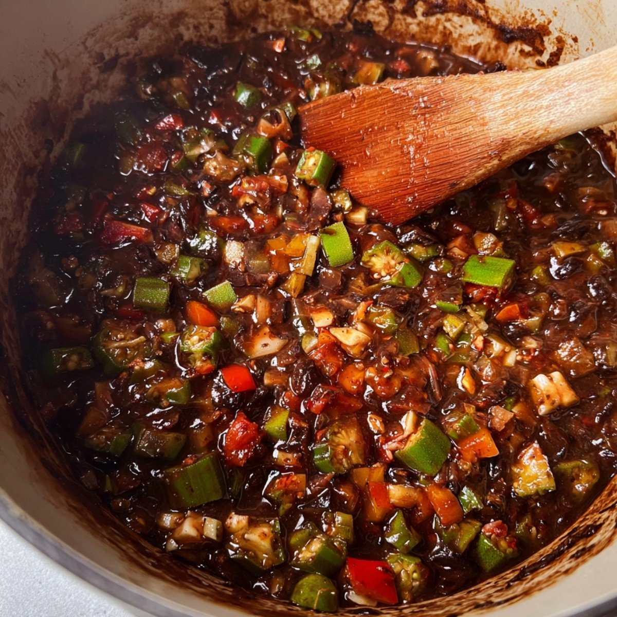 A close-up of diced vegetables like okra, bell peppers, and onions being added to a dark roux mixture in a pot, with a wooden spoon stirring the ingredients together.