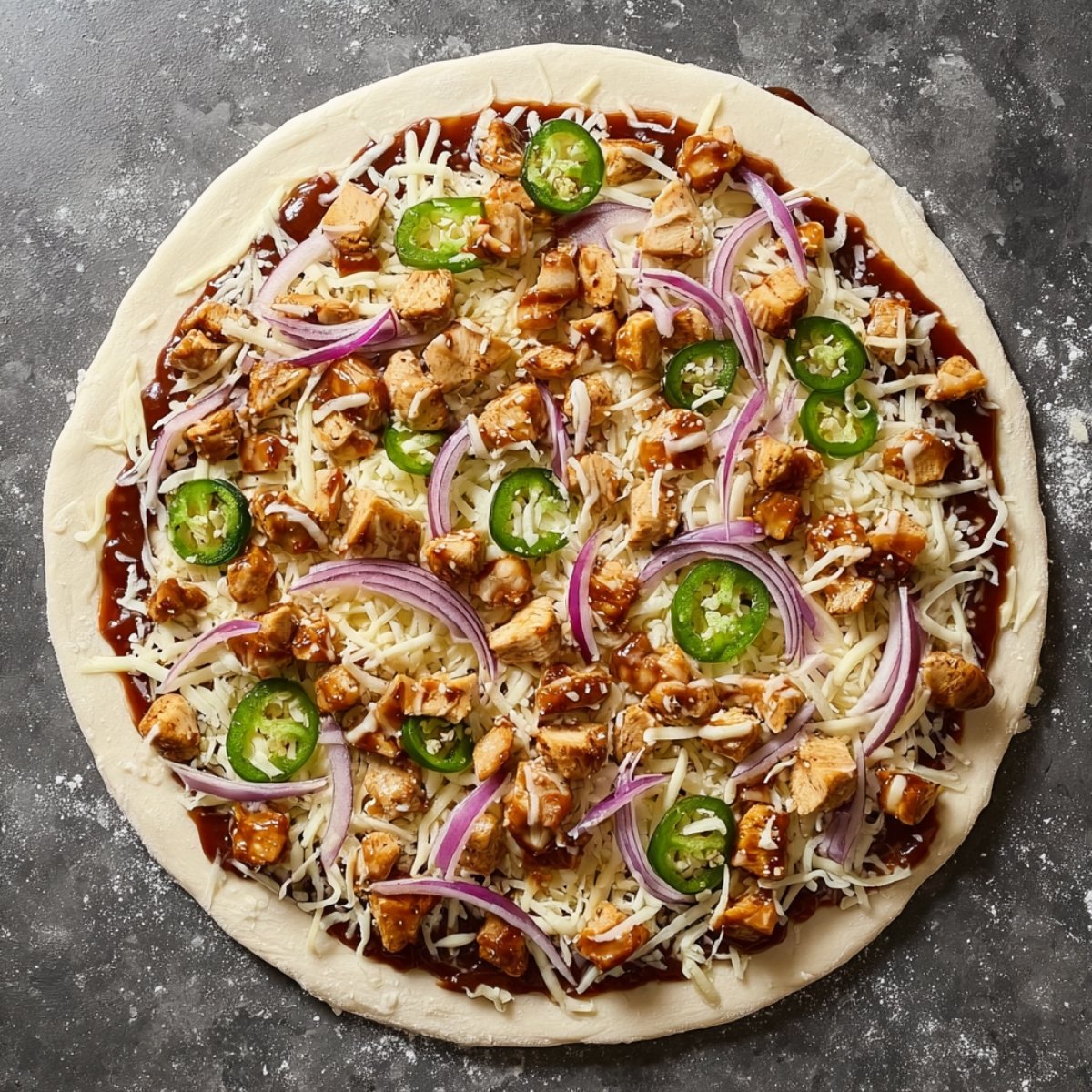 A pizza dough topped with BBQ sauce, shredded cheese, chunks of cooked chicken, red onions, and sliced jalapeños, ready to be baked.