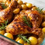 Baked Chicken Leg Quarters surrounded by roasted baby potatoes and fresh rosemary sprigs, showing a deliciously seasoned dish.