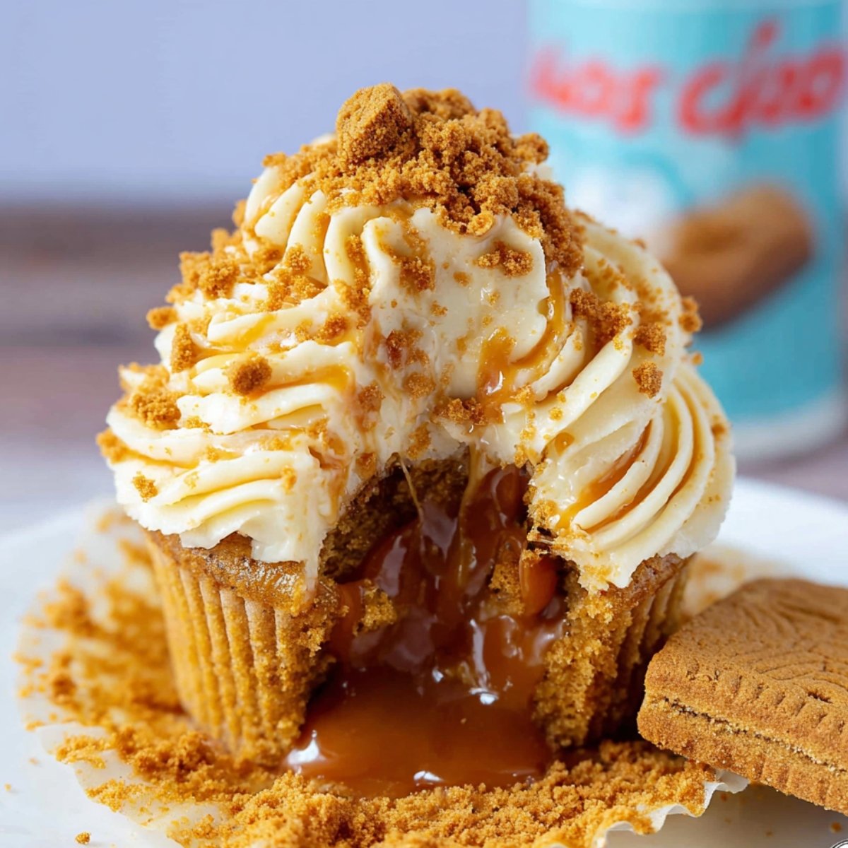 A Biscoff Cupcakes topped with creamy frosting and crumbled Biscoff cookies, revealing a gooey Biscoff filling inside, creating a delicious treat.
