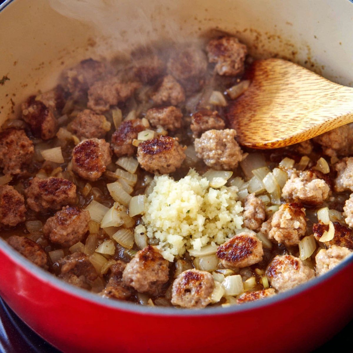 Sausage meatballs and onions browning in a pot with garlic.