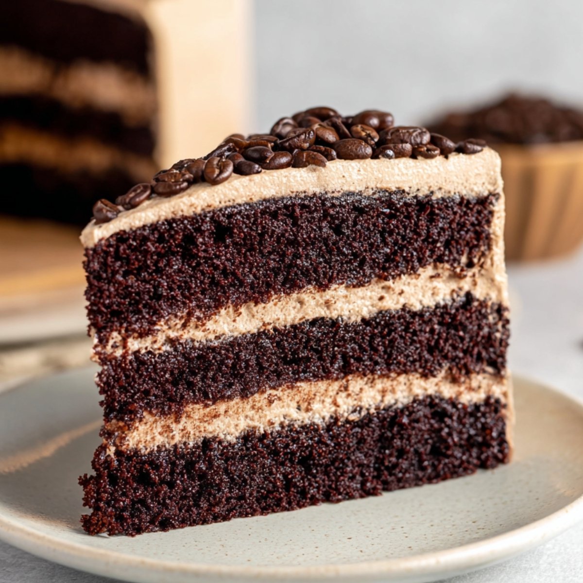 A slice of Coffee Chocolate Cake with layers of moist cake and creamy coffee buttercream frosting, topped with coffee beans, placed on a light plate.
