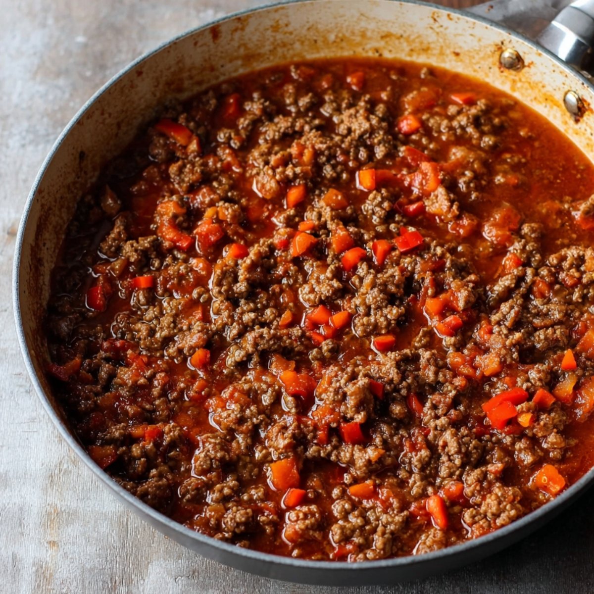 A skillet with browned ground beef mixed with tomato sauce and red bell peppers, creating a rich and savory base for sloppy joe casserole.