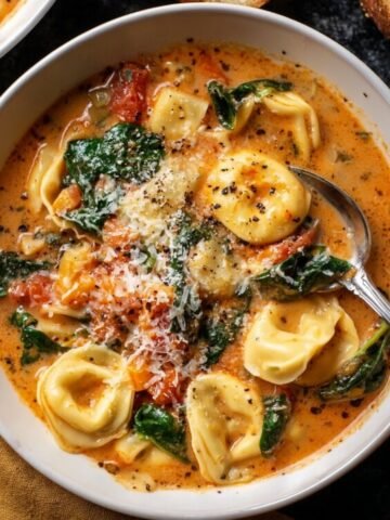A hearty bowl of Creamy Tortellini Soup, featuring tender pasta, spinach, tomatoes, and a rich broth, topped with Parmesan cheese.