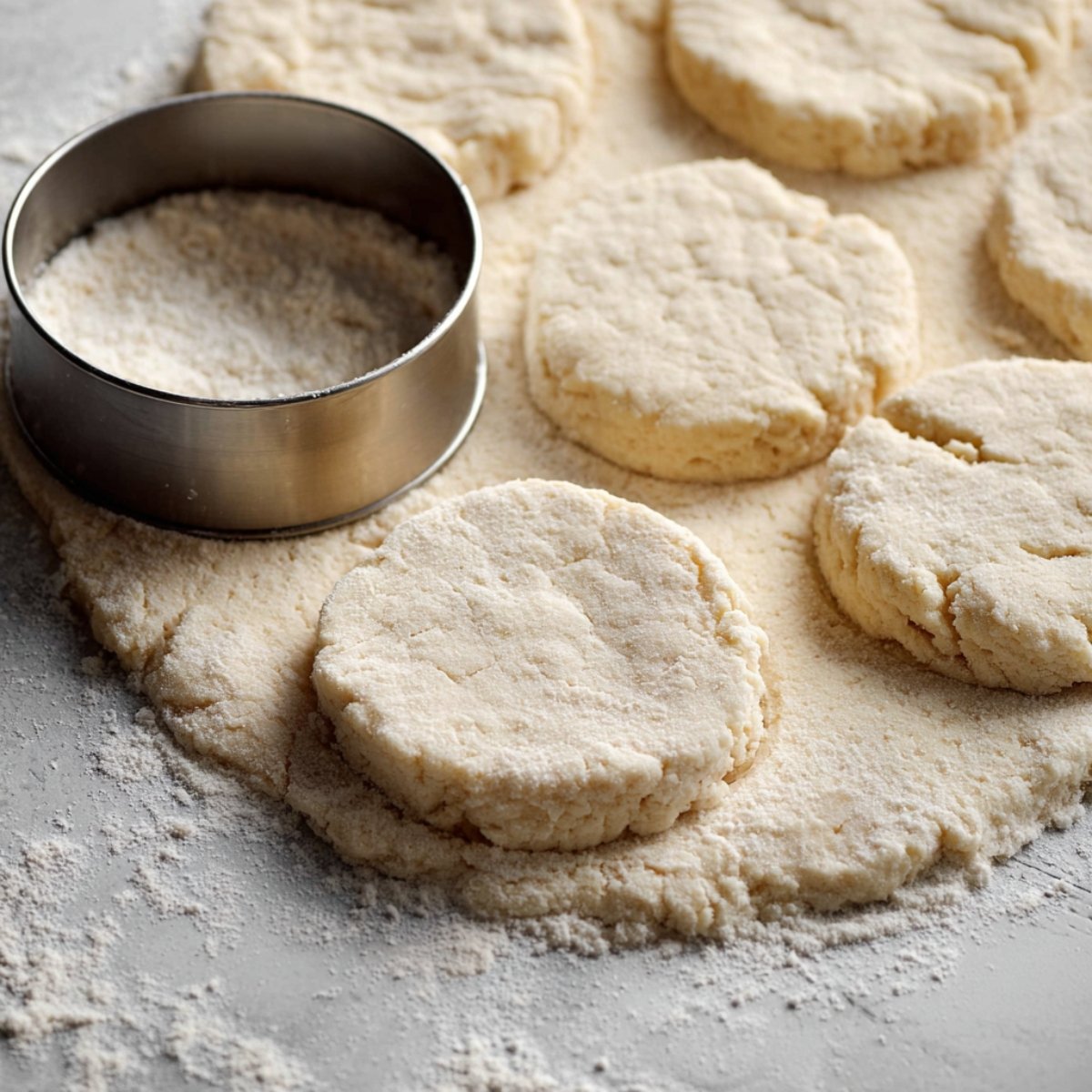 A close-up of biscuit dough being cut with a round cutter, forming perfect biscuit shapes on a floured surface.