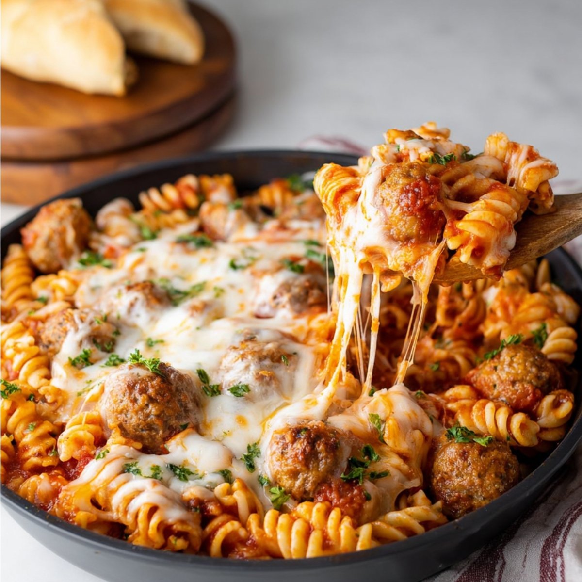 A skillet filled with a delicious Dump and Bake Meatball Casserole, topped with melted cheese and garnished with parsley, ready to be served with crusty bread.