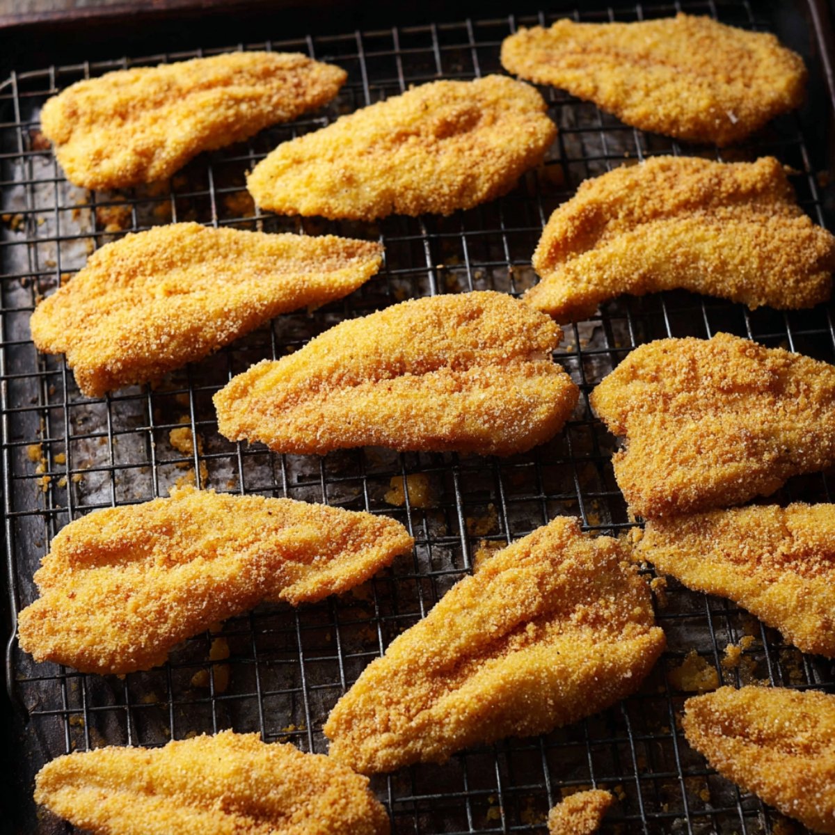 Golden-breaded catfish fillets on a wire rack, ready to be fried, showcasing their crispy cornmeal coating.
