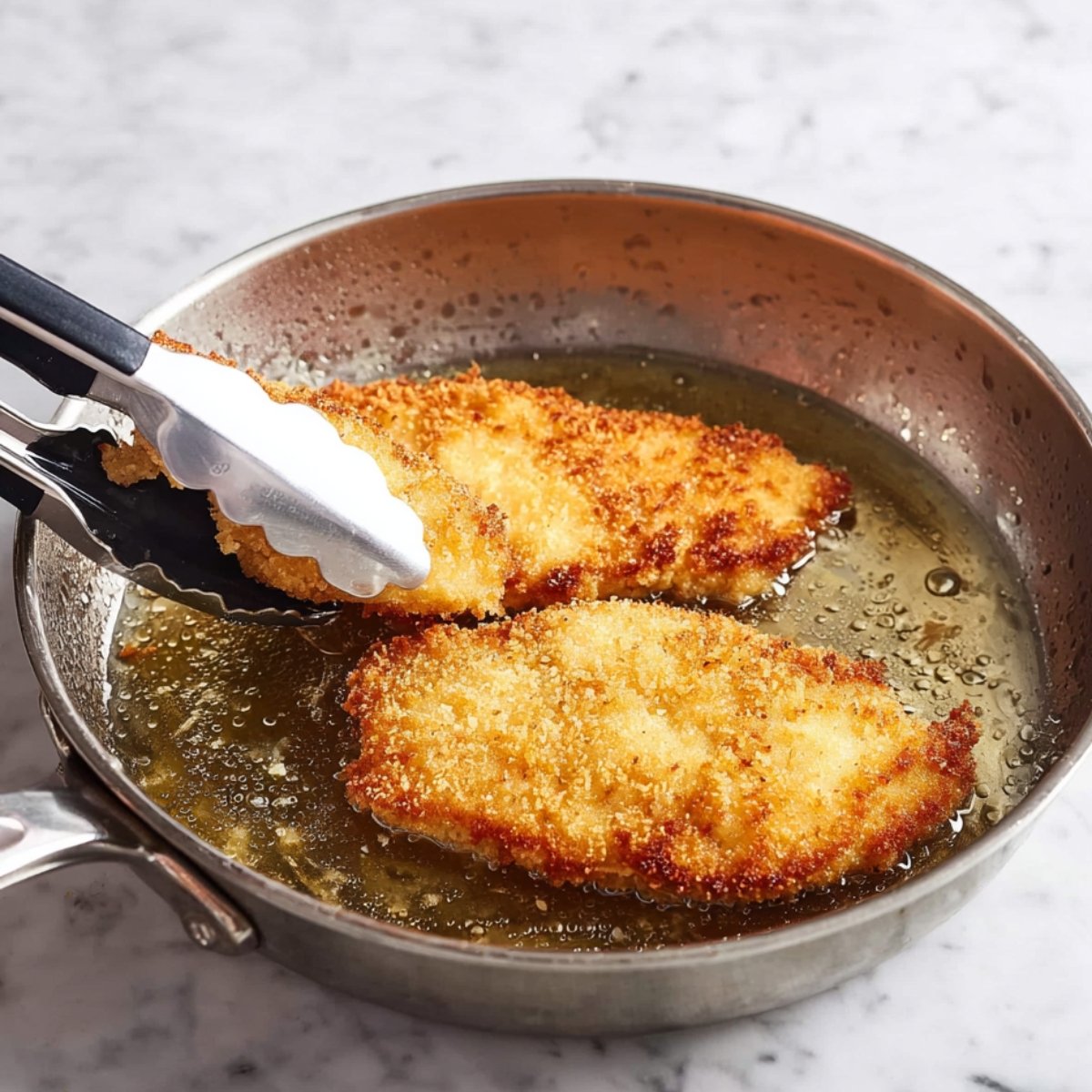 Golden-brown breaded chicken schnitzels being flipped in a frying pan with tongs, sizzling in hot oil.