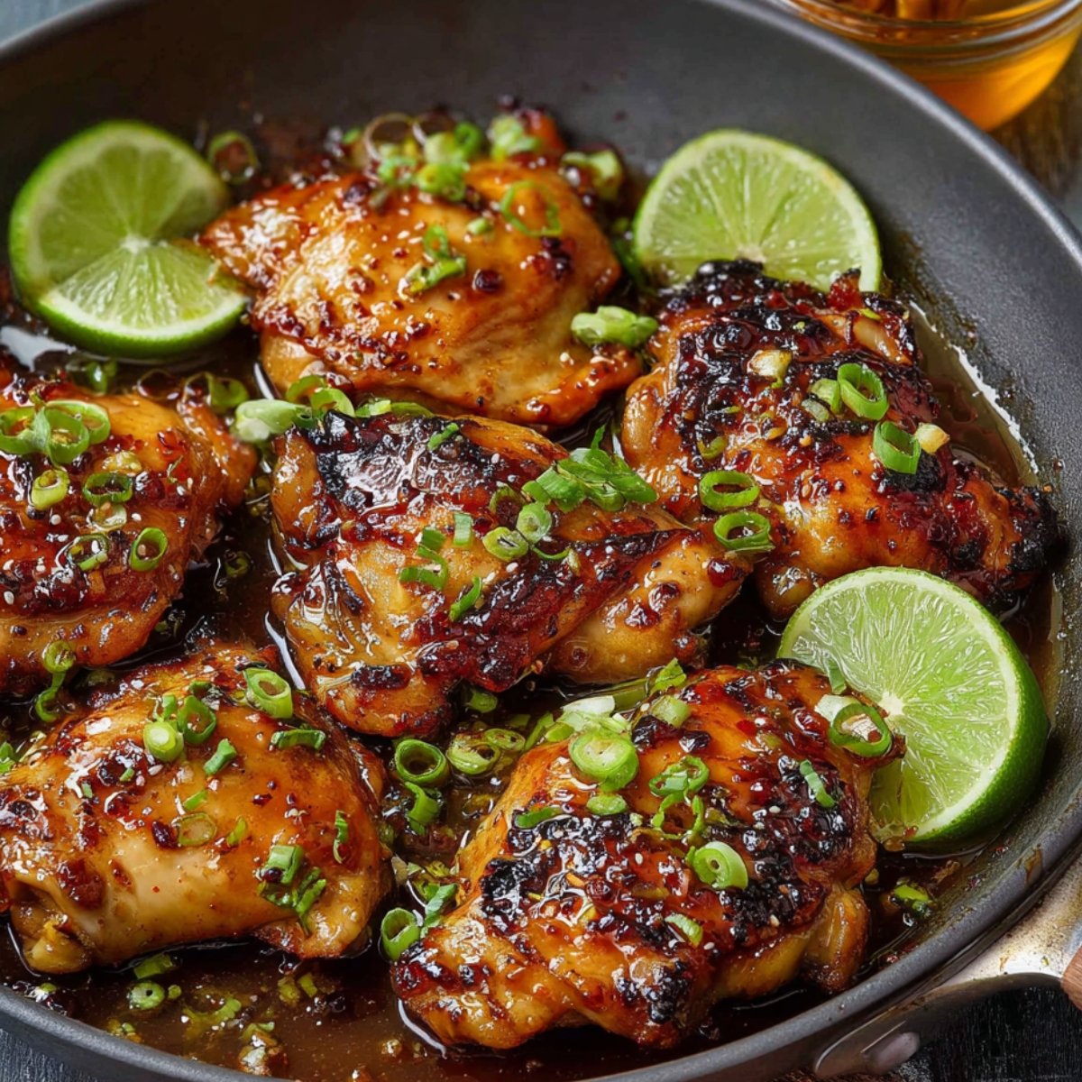 Close-up of Honey Chipotle Chicken cooking in a pan with a rich chipotle honey marinade, showing a caramelized, glossy coating with herbs and spices.