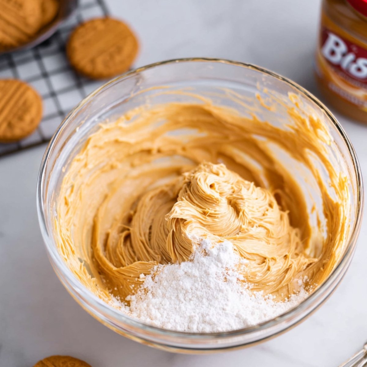Smooth and creamy Biscoff frosting with powdered sugar being mixed in a glass bowl, ready to be spread on cupcakes.
